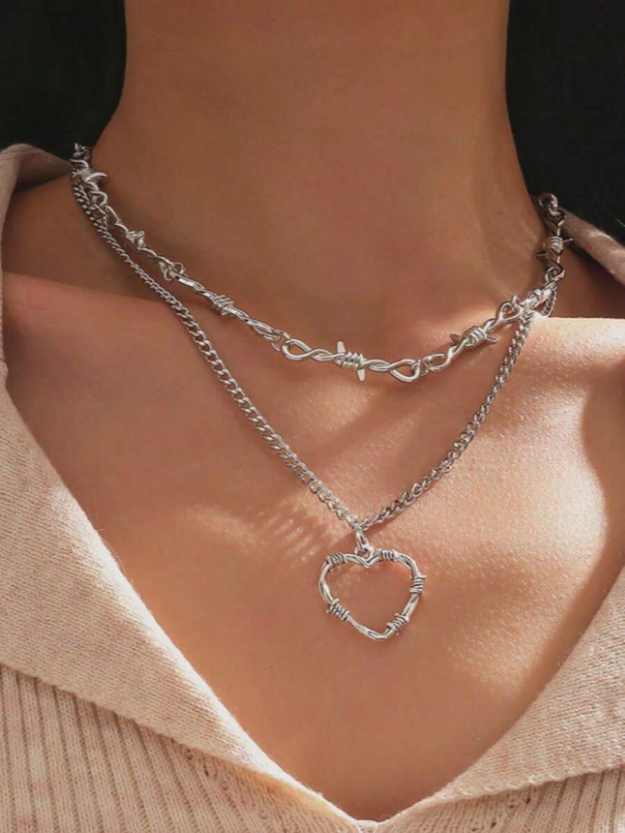 1pc Gothic Metal Thorn Beaded Necklace With Butterfly Pendant, Suitable For Women's Daily Wear - Silver - View 1