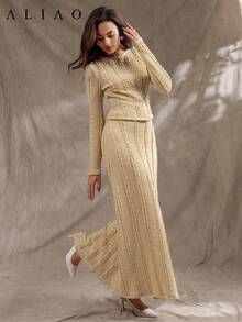 A&A Jacquard Twist Pattern Super Expansion Skirt Hemline Skirt, Old Money, Wedding Guest Skirt, Back To School, Concert Outfits For Women - Apricot - View 1