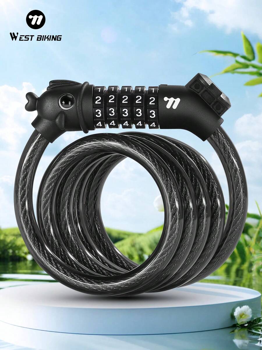 WEST BIKING 1.2M Bike Five Digit Combination Lock Anti Theft Steel Cable Lock Portable Mountain Road Bike Lock