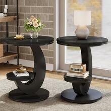 LITTLE TREE Round End Table, 2 Tiers Side Table With Storage Shelf, Sofa Side Bedside Nightstand With Rustic Wood And Metal Arc-Shaped Frame For Small Spaces, Living Room, Bedroom, Easy To Assemble - 黑色 - 查看 2