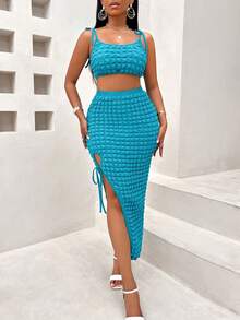 女士性感纹理露脐吊带背心和侧开衩中长裙两件套，情人节约会性感吊带裙套装 - 藍色 - 查看 4