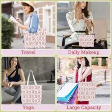 Aesthetic Bow Canvas Tote Bag Beach Tote Bag Women With Inner Pocket, Cute Bow Lovers Women Bestie Sister Birthday Reusable Shopping Grocery Bags With Bags - 弓花 - 查看 6