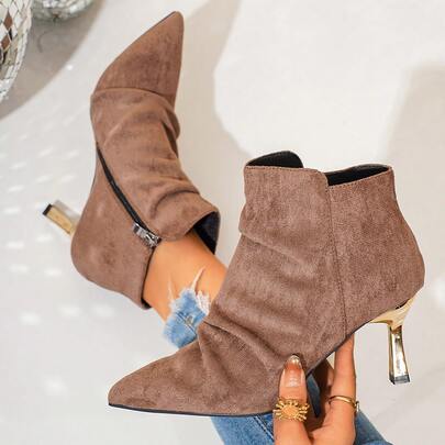 New Autumn/Winter Solid Color Pleated Velvet Pointed Toe Stiletto Short Boots For Women. Elegant High Heel Shoes, Fashion Versatile Commute & Date Boots. Soft Velvet Material Skin-Friendly & Textured, Pleated Design Adds Slouchy Retro Vibe. Metallic Color Slim Heel Exquisite & Eye-Catching, Boosting Aura. Foot-Hugging Boot Shape Flatters Leg, Suitable For Dresses Or Pants. Infuses Luxe & Dual Charm Into Autumn/Winter Looks, Easily Fits Multiple Occasions.