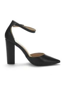 Women's Chunky Block Ankle Strap High Heels, Coco Pointed Closed Toe Pumps For Banquet & Office - 黑色 - 查看 5