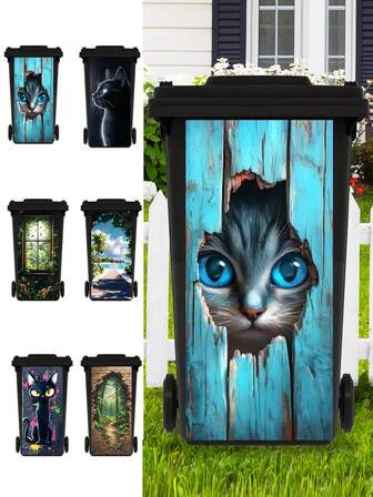 Pegatinas 3D de gato azul, póster de paisaje para bote de basura, pegatinas impermeables de PVC para bote de basura exterior en 4 tamaños