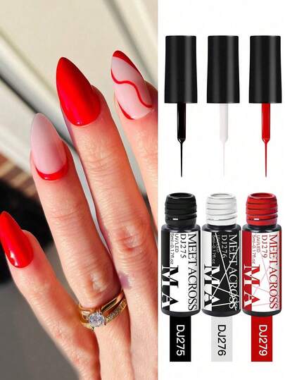 MEET ACROSS 3pcs Nail Liner Gel Nail Polish Set Black White Red Semi Permanent UV Gel Varnish For DIY Painting Drawing French Tip Liner Swirl Nail Design Manicure Nail Art Liner Gel Brushed Glue For Home And Salon Nail Supplies Nails