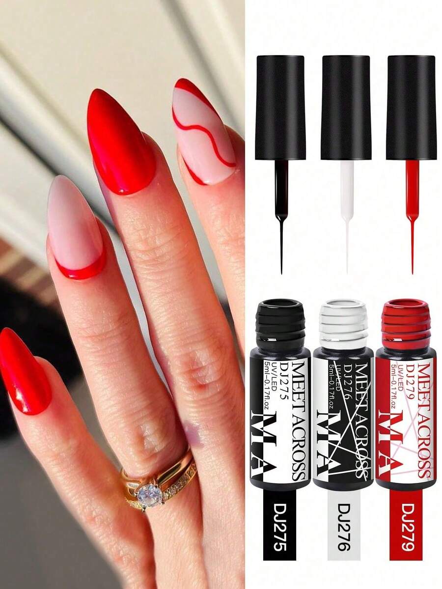 MEET ACROSS 3pcs Nail Line Gel Polish Set, Black, White, Red, Semi-Permanent UV Gel Nail Polish, Suitable For DIY Nail Art, Painting, French Manicure, Swirl Nail Design, Nail Art, Nail Line Gel, With Brush, Suitable For Home And Nail Salon - 彩色 - 查看 1
