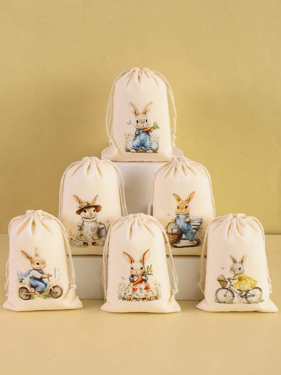 6个复活节礼品袋 - 趣味兔子图案棉质束口礼品袋，可重复使用，适用于派对礼品包装、家居复活节装饰、珠宝收纳袋、春夏假日派对礼物包装用品