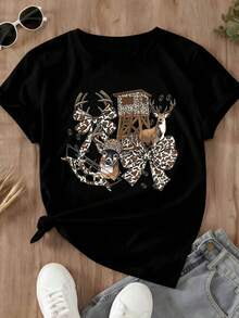 Camo Deer Hunting Theme Graphic T Shirt Black Camouflage Deer And Tree Stand Design Outdoor Adventure Casual Wear For Women - 黑色 - 查看 3