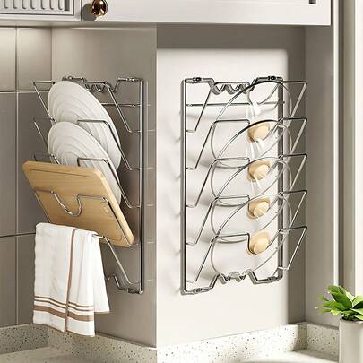 1 Piece Of Wall-Mounted Pot Lid Rack, A Multi-Layer Metal Bracket Suitable For Various Kitchen Storage Needs, And A Storage Product Applicable To Kitchens And Dining Rooms. A Stainless Steel Lid And Pot Lid Holder – A Heavy-Duty Hanging Shelf Suitable For Glass/Metal Lids, A Space-Saving Cabinet Door/Wall-Mounted Kitchen Storage Organizer With A Polished Finish (Compatible With Pots, Pans, Plates, Tableware) – Easy To Install.