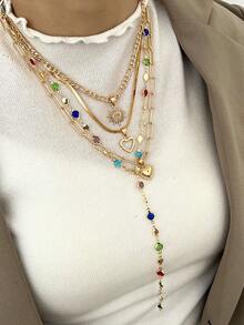 4件套Y型项链套装 - 优雅复古几何心形、彩色水晶、太阳光芒、蛇形链、简约流苏吊坠项链，时尚别致，精致复古设计，适合节日、派对、约会、送礼、日常佩戴 - 金黃色 - 查看 2