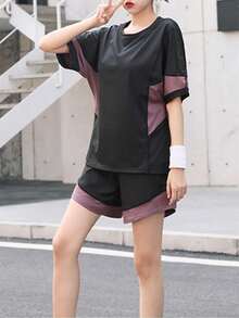 Conjunto minimalista feminino para fitness com 4 peças: Top esportivo para yoga, camiseta folgada para corrida, legging justa, shorts casuais para ciclismo, roupa para academia. - Roxa - Ver 4