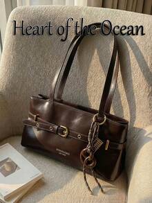 女士复古纯色时尚单肩包，大容量腰包，通勤必备 - 咖啡 - 查看 2