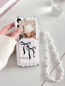 Striped Bow Tie Painted Transparent Card Holder Soft Silicone Full Coverage Protective Phone Case With Decorative Beaded Bracelet, Compatible With IPhone 17pro/17Air /17/17promax16/11/16pro/16plus/16promax/16e/15Promax/13/14/12/XS/XR/7G/8P, Galaxy, Redmi - Multicolor - View 8