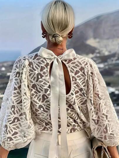 Women's Fashion Lace Hollow-Out Design Backless Tie Blouse, Elegant & Sexy, Suitable For Vacation, Commute, And Evening Dates Spring