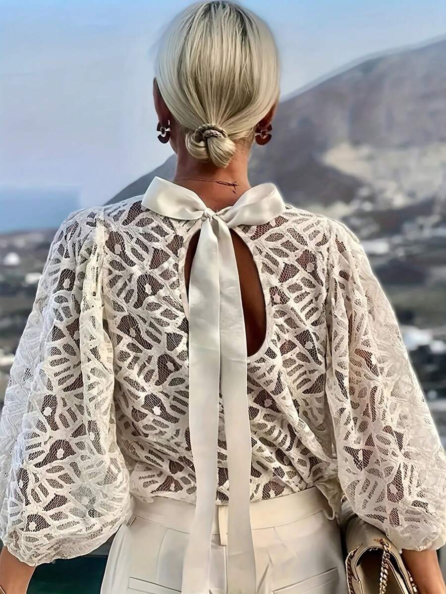 Women's Fashion Lace Hollow-Out Design Backless Tie Blouse, Elegant & Sexy, Suitable For Vacation, Commute, And Evening Dates Spring - Apricot - View 1