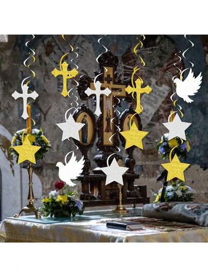 6pcs/Set Elegant Communion Ceremony Hanging Decorative Pendants, Gold And White Cross Paper Ornaments With Glitter Accents, Suitable For Spring Wedding, Bridal Shower, Birthday Tea Party, Also As Chic Wall Decor For Restaurant Or Celebration Venue