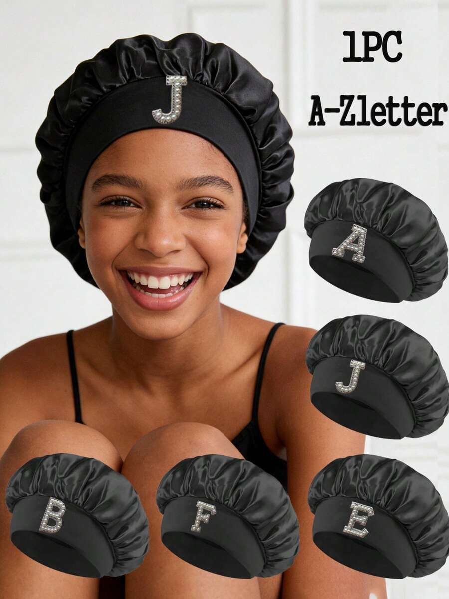 A-Z Letter Pattern Elastic Wide Brim Satin Soft Sleep Cap For Kids - Fit, Hair Protection, Ultra Soft & Breathable Design With Anti-Slip Lining - Black - View 1