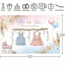 1. 性别揭晓背景横幅 - “他是男孩还是女孩？” - 粉色和蓝色服装图案，金色字母，树叶花环设计 - 多功能室内/室外装饰，适用于派对、家庭和花园庆祝活动、派对装饰、性别揭晓装饰 - 彩色 - 查看 4