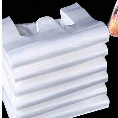 100个/50个装，尺寸可选，透明白色塑料食品包装袋，购物袋，便携式储物袋，白色提手背心袋，底部耐高温密封，承重力强，防漏