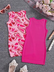 2pcs/Set Girls' Heart Print Sleeveless Ribbed Casual Dress, Outdoor - Hot Pink - View 3