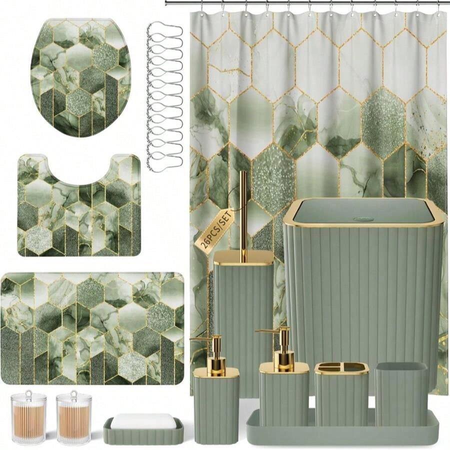 XLHOMO Bathroom Set -  Bathroom Set With Shower Curtain And Rugs, Bathroom Accessory Set, Sage Green Bathroom Accessories Set, Trash Can &Amp; Soap Dispenser - MàuK - Xem 1