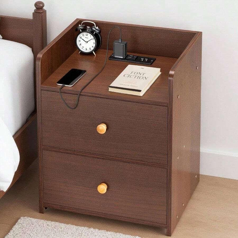 Office Furniture SetBuros para Recamara con Estación de Carga Mesa de Noche Buro con Estación de Carga y Puertos USB/AC Mesita de Noche Moderna de 3 Pisos para Hogar Oficinas Camas Dormitorios - Marrn - Ver 1