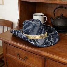 Western Style Cowgirl Hat Stylish Bull Decorated Denim Wide Brimmed Cap For Men Women Outdoor Party - 天藍 - 查看 3