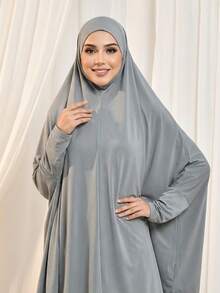 1pc Muslim Women Hijab With Sleeve Covers, Solid Color Crystal Linen Simple Long Khimar, Fashion Versatile Pullover Headscarf, Suitable For Outdoor Prayer, Sun Protection, Breathable For All Seasons