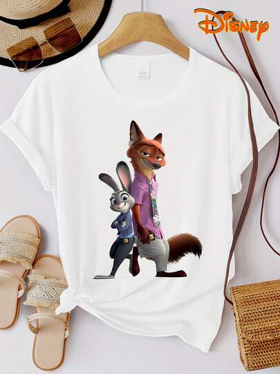 Disney 1件疯狂动物城卡通图案印花短袖T恤，圆领，弹力面料，适合日常穿着，易于打理，时尚休闲女式T恤