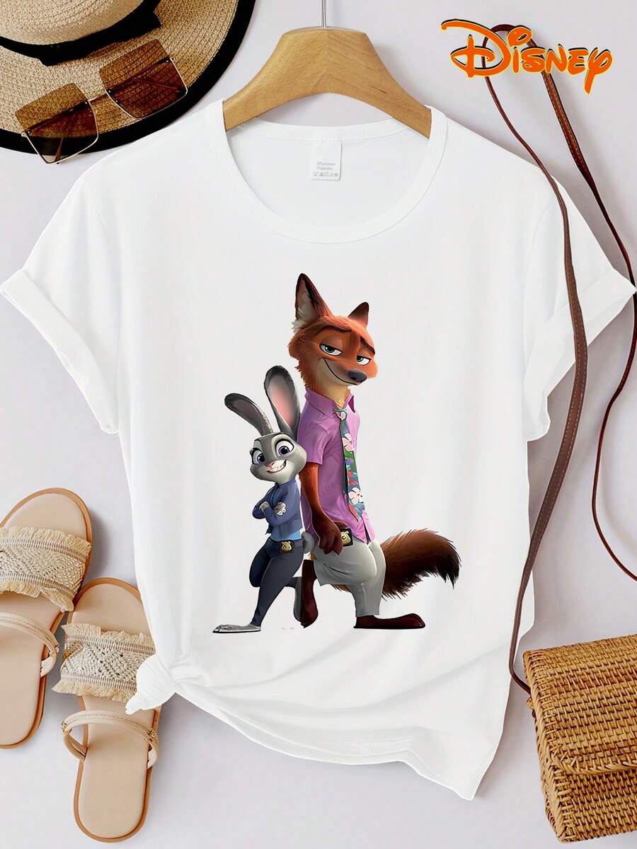 Disney 1件疯狂动物城卡通图案印花短袖T恤，圆领，弹力面料，适合日常穿着，易于打理，时尚休闲女式T恤