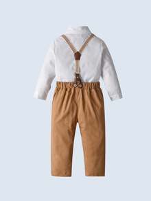 BOARNSEORL 2pcs Young Boys Gentleman Outfit - White Long Sleeve Shirt With Bow Tie And Khaki Suspender Pants, Fashionable, Elegant, Suitable For Birthday Party, Formal Occasion, Wedding - Khaki - View 4