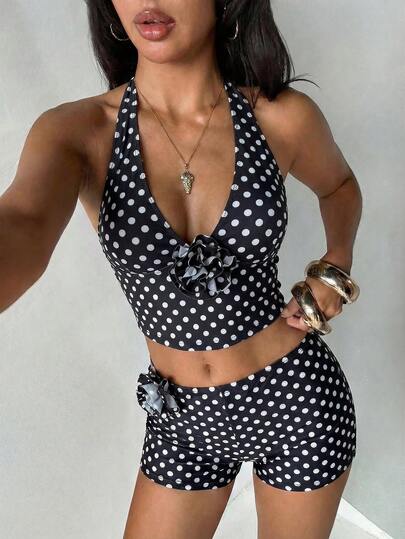 Women's New Polka Dot Elegant Halter Tie Two Pieces Set, Perfect For Beach Vacations