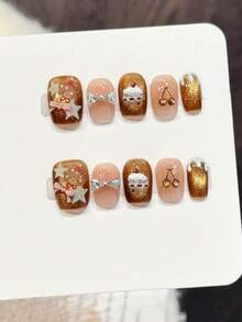 10 Stücke handgefertigte Quadratnägel, kurze Acryl-Aufkleb-Nägel, sanftes rosa Farbverlauf, glänzend braune Katzenaugen, 3D-Bogen-Nagelaufkleber mit Sternbär und Kirsche, süß, kantig, elegant, einfach, Herbst-Nägel, Herbst-Aufkleb-Nägel, Winter-Fake-Nägel, Festival-Nägel, für Party, Alltag und Date geeignet, für Strandurlaub und Tropen, geeignet als DIY-Nagelzubehör für Frauen und Mädchen als Geschenk. - Braun - Übersicht 9