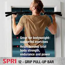 SPRI Pull Up Bar - 8-Grip and 12-Grip Door Frame Mounting Pull-Up Bar for Versatile Workouts - Rugged Steel Frame with Foam Handles - Supports 300 Pounds - Fits Door Frames Up to 32 in. Wide \u2013 Black - 12 agarres - Ver 3