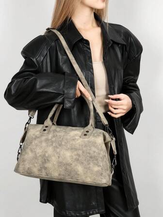 New PU Leather Bag For Women Retro Style Handbag, Fashion Zipper Shoulder Bag With Removable Strap, Women's Work & Travel Purse, Grey,Black,Green