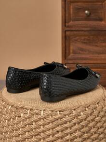 Women's Black Woven Texture Square Toe Ballet Shoes With Bow Accent, Casual Versatile Comfortable Commuting Shoes
