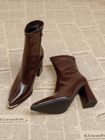 8.5厘米粗跟踝靴/短靴，咖啡棕色，尖头，舒适时尚修身女靴