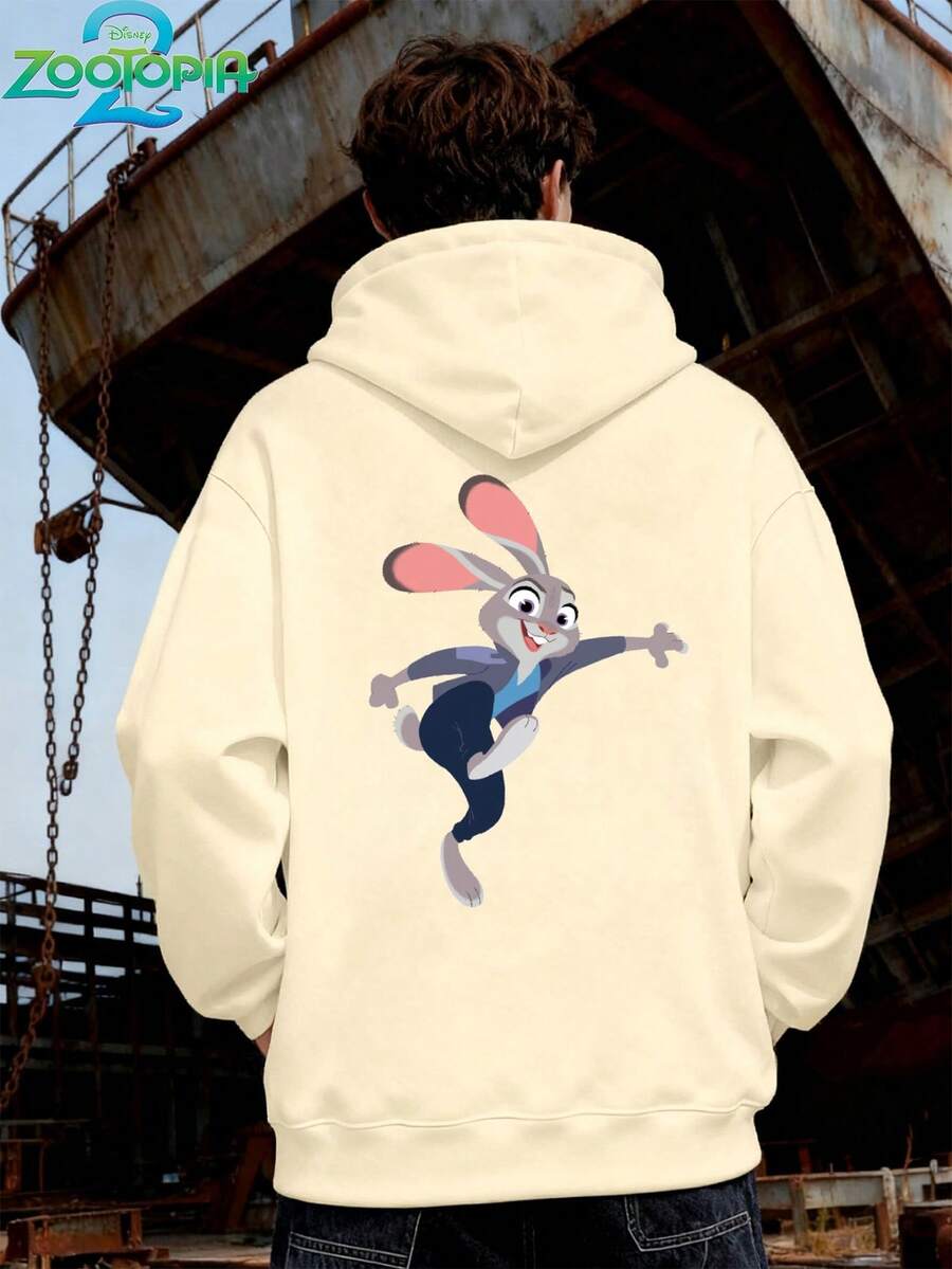 Disney Zootopia Series Stylish Stitch Print Hoodie, Men's Loose Long Sleeve Drawstring Hoodie, Print Autumn/Winter Hoodie (Men's Pullover Hoodie, Black Hoodie, White Hoodie, Winter Hoodie, Gray Hoodie, Men's Winter Hoodie, Plus Size Hoodie) - Apricot - View 1