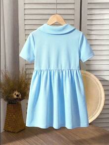 1pc Girls Polo Collar Short Sleeve Dress, Fresh & Cute Children Clothing, Spring/Summer - Blue - View 3
