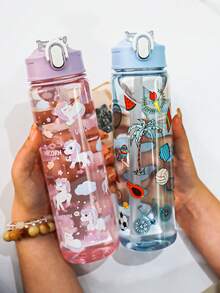 1pc 750ml/26oz Cute Cartoon Pattern Straw Water Bottle, Lightweight, Durable, Suitable For Camping, Running, Daily Use, Holiday & Birthday Gift - Multicolor - View 11