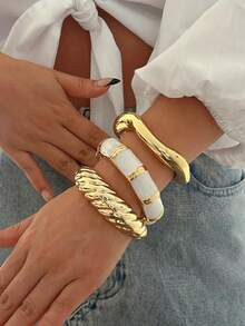 3 Peças Conjunto de Pulseiras Vintage Esmaltadas Elegantes e da Moda, com Desenho Geométrico Assimétrico Ondulado Texturizado, Ideal para Mulheres e Homens, Ótimo para Férias, Festa, Encontros, Presentes, Uso Diário - Ouro amarelo - Visão 3