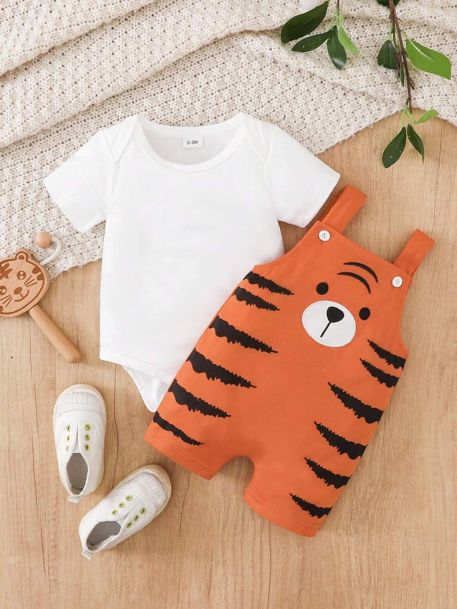 Infant/Toddler Boys Striped Shoulder Snap Bodysuit + Cute Lion Embroidered Bib Shorts Set - Multicolor - View 1