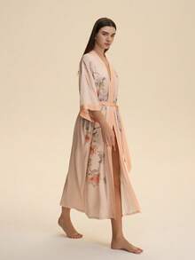 Vintage Loose Elegant Sweet Fashion Commuter Kimono Cardigan Floral Print Robe Casual Homewear Tie Belt Bathrobe Lightweight Summer Beach Swimsuit Cover Up - Coral Orange - View 8