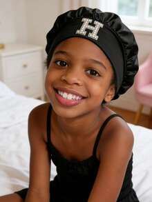 1pc Toddler/Kids 26 Letters Smooth Satin Sleep Cap, Fashionable & Comfortable, Breathable Anti-Slip, Daily Hair Care Hat - Black - View 3