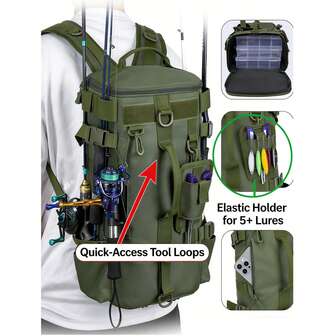 1pc 17.3" X 8.6" X 7" Green Fishing Backpack (Empty), 17.4L Large Storage Compartment, With Rod Holder, Big Fishing Tackle Box Backpack, Gift For Father, Suitable For Trout Fishing Gear, Camping, Hiking And Outdoor Activities