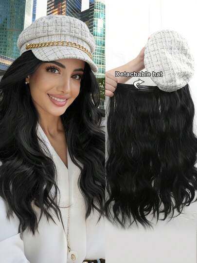 26 Inch Detachable Long Curly Wavy Wig, Made Of Synthetic Fiber, Paired With A Hat. This Hat Wig Features Heat-Resistant Fibers, A Natural Look, And Is Suitable For Everyday Wear And Social Gatherings.(Hair Colors: Natural Black, Brown)
