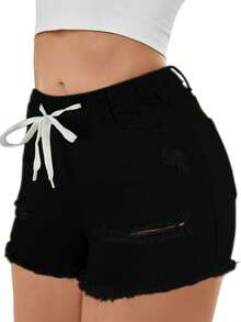 Women's Pocket Distressed Elastic Drawstring Denim Shorts - Black - View 3