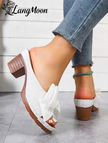 2026 New White Bow Tie Fashion Platform Mule Wedge Sandals For Women, Specially Comfortable & Versatile, Oversized Bow Tie Decor + Minimalist Fresh Design, Chunky Heel Comfy Slip-On, Solid Color Elegant Sweet, Suitable For Daily Commute/Vacation/Date And More Occasions, Stylish Choice - White - Bow - View 6