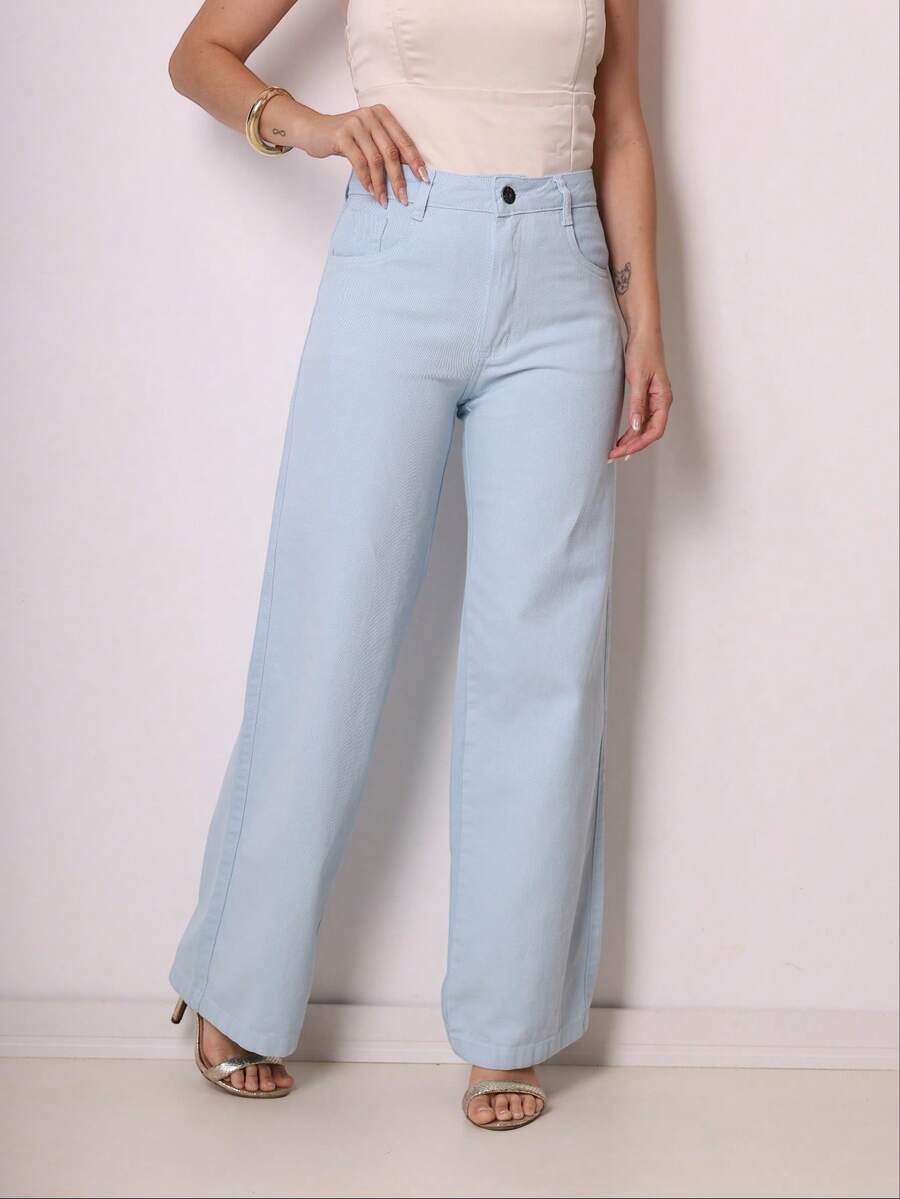 Women's Wide Leg Jeans, High Waist, Butt Lifting Design - Baby Blue - View 1
